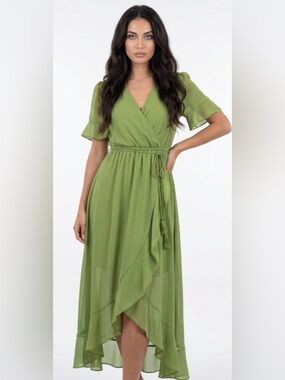 V-Neck Olive Green Maxi Wrap Dress with Tassel Rope Belt